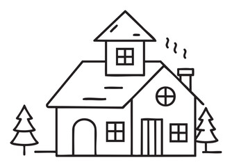Fototapeta premium Simple black outline illustration of a two-story house with a triangular roof and chimney, accompanied by two stylized pine trees.