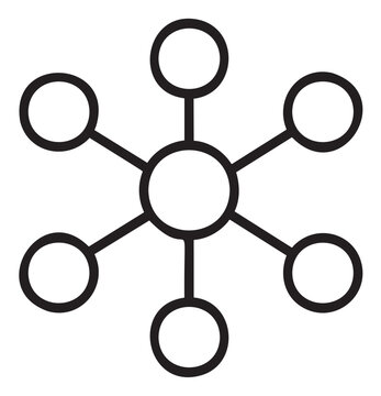 Black outline vector icon of a basic node network with six connected circular nodes. minimal depiction for internet, technology, and connectivity concepts.