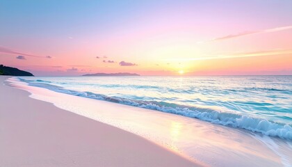 Obraz premium A serene beach scene at sunset, featuring gentle waves, soft sand, and a colorful sky, evoking tranquility and natural beauty.