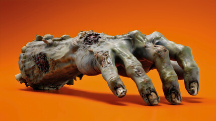 A scary zombie hand crawling on an orange background, a terrifying and gruesome horror concept for Halloween, a realistic undead monster's hand reaching to grab, a spooky and gory prop for a party.

