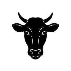 Illustration of a black cow head facing front on transparent background silhouette
