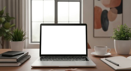 Fototapeta premium Modern home office setup with laptop and plants