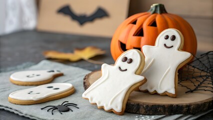 Obraz premium Close-up of fresh tasty cookies reminiscent of a ghost. halloween pumpkin and a bat
