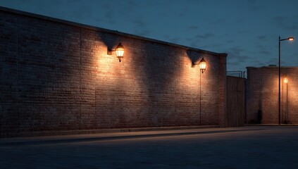Brick wall illuminated at night, casting long shadows on pavement. Calm and peaceful scene