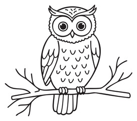 Black outline drawing of an owl perched on a branch, with large eyes and detailed feathers, suitable for nature and wildlife themes.