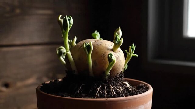 A potato with sprouts planted in soil inside a terra cotta pot set against a wooden wall and window