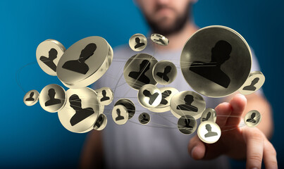 Conceptual network showing linked profiles on digital interface, illustrating connection, networking, communication, and social media use.