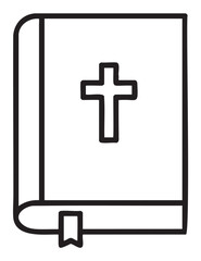 Fototapeta premium Black outline icon of a book with a cross, representing a religious text with a bookmark indicator.
