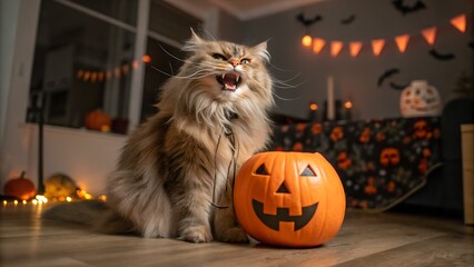 A cat with an angry face holds a Jack-o-lantern pumpkin in its paws. Halloween theme.