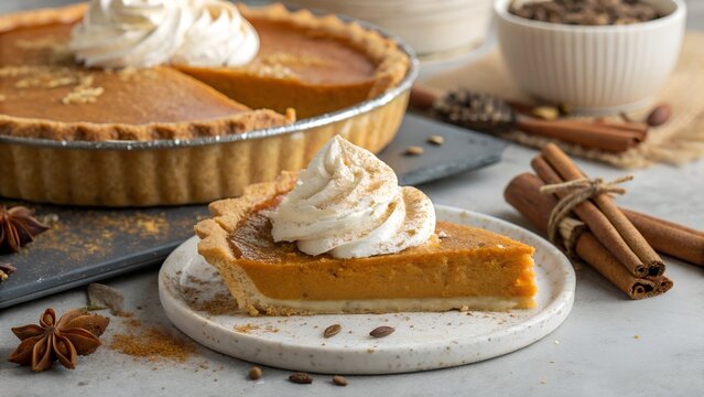 Traditional handmade pumpkin pie for a whipped cream dessert. and spices. free space