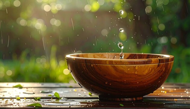Wooden bowl in the rain with water droplets, natural light and blurred background - Powered by Adobe