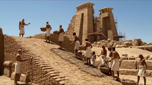 Ancient Egyptian Construction Workers at Pyramid Site with Tools