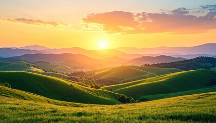 A breathtaking landscape featuring rolling hills bathed in warm sunset hues, creating a serene and picturesque natural scene.
