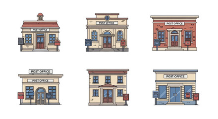 Post Office Building Collection in Flat Line Art Style.
