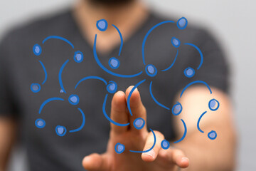 Person interacts with a futuristic digital network, symbolizing global connection, data exchange, and innovative technology solutions. Ideal for