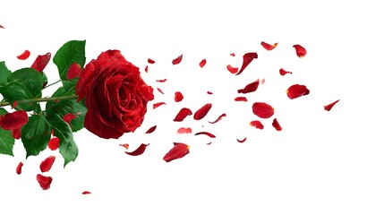 Nice photo of beautiful red rose with petals flying isolated on white background.