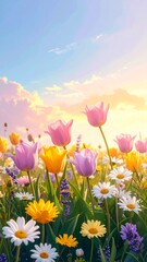 Fototapeta premium Cute Pastel Garden in Pink, Yellow, and Lavender