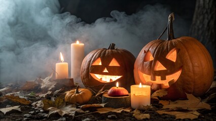 Spooky halloween for carwed pumpkins and copy space in the middle. High quality photo