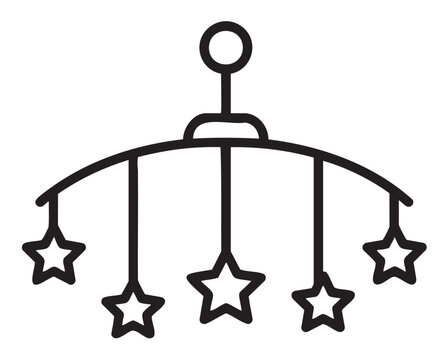 Simple black outline of a baby mobile with a central hook and five hanging stars, ideal for nursery decor and infant stimulation concepts.