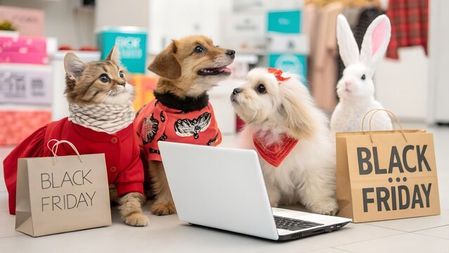 Black Friday created with technology cute fluffy pet cat dog rabbit with shop bargains
