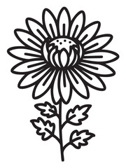 Obraz premium Black outline drawing of a single sunflower with detailed petals and simple leaves, showcasing a minimal linear style.