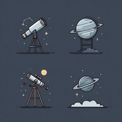 Minimalist Astronomy Illustrations of Telescopes, Planets, and Stars