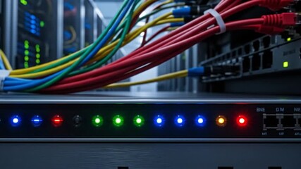 Dynamic close-up of a network server with a dense array of colorful cables and illuminated LED indicators, signifying the vital flow of information and robust digital connectivity - Powered by Adobe
