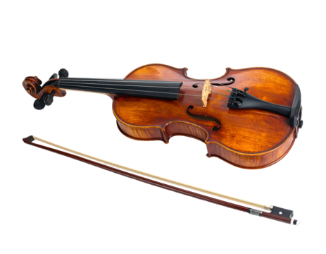 An elegant wooden string instrument and bow sit against a stark black background
