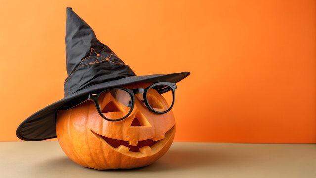 Halloween pumpkin in witch hat and glasses isolated on orange background. Halloween. .