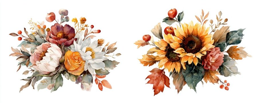 Watercolor floral arrangements one with peonies, roses, and berries; the other with sunflowers