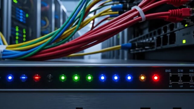 Dynamic close-up of a network server with a dense array of colorful cables and illuminated LED indicators, signifying the vital flow of information and robust digital connectivity