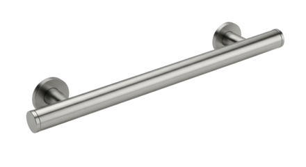 Sleek and robust metal safety grab bar, a vital accessibility fixture, presented with a clean, isolated, and minimalist aesthetic against a bright background for modern interiors