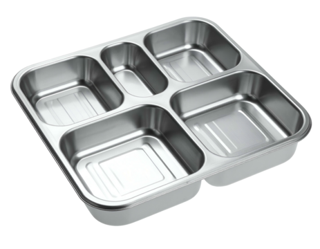 Rectangular metal tray with five compartments, empty, on a black background