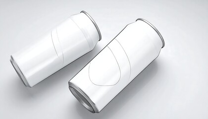 Two white aluminum cans, angled, with potential label space, set against a clean, bright, and minimalist backdrop