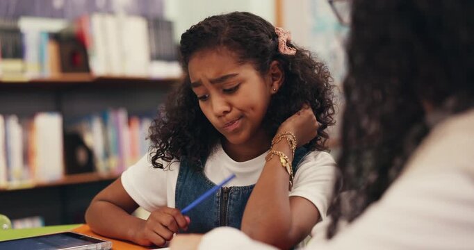 Confused, teaching and student with woman in library for thinking, help and study session. Homework support, education and solution brainstorming with girl and teacher for problem solving and project