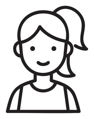 Black outline icon of a simple smiling female with long hair in a ponytail, depicted in a minimal linear style.