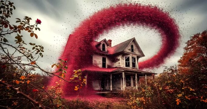Abandoned house surrounded by swirling red leaves in a colorful autumn landscape