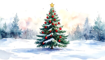 Watercolor painting of a decorated Christmas tree with red ornaments and a golden star, surrounded by snowy landscape, winter, trees and snow