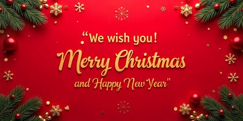 graphic a Christmas greeting text and embellishments red background, is the greeting "Merry Christmas and Happy New Year," Above the words “Merry Christmas” is "We wish you".