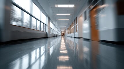 Empty school hallway with motion blur creating a sense of urgency, displaying a long, reflective floor and rows of windows, suggesting solitude and passing time