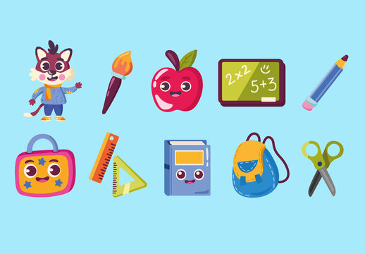 Colorful Back to School Kawaii Cute Illustration Set