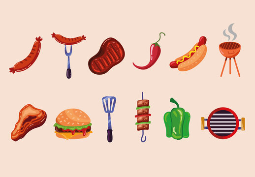 Colorful BBQ Grill Meat Food Illustration Set