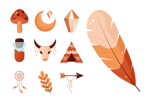 Orange And Beige Boho Tribal Ethnic Mystic Nature Illustrations Set