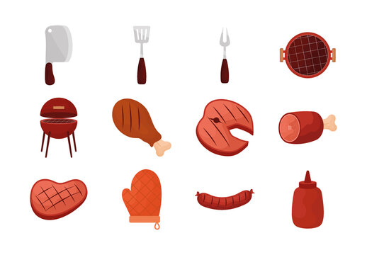 Red And Brown BBQ Grill Meat Sausage Cooking Illustrations Set