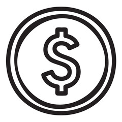 Obraz premium Black outline icon of a circular coin with a prominent dollar sign in the center symbolizing currency or financial concepts.