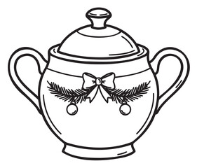 Obraz premium Black outline drawing of a decorative sugar bowl with two handles and a lid, featuring a bow and pine branch motif for festive occasions.