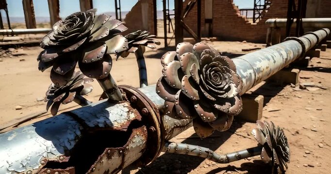 Abandoned industrial site with rusty pipe and metal flower sculptures in desert