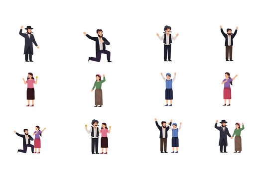 Colorful Hanukkah Holiday People Illustrations Set Set