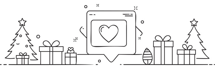Black and line art of christmas trees, gift boxes, and an easter egg, featuring a square speech bubble with a heart icon in the center.