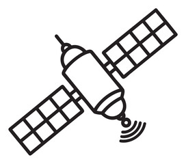 Black outline vector icon of a satellite with two large solar panels and a signal transmitting antenna.